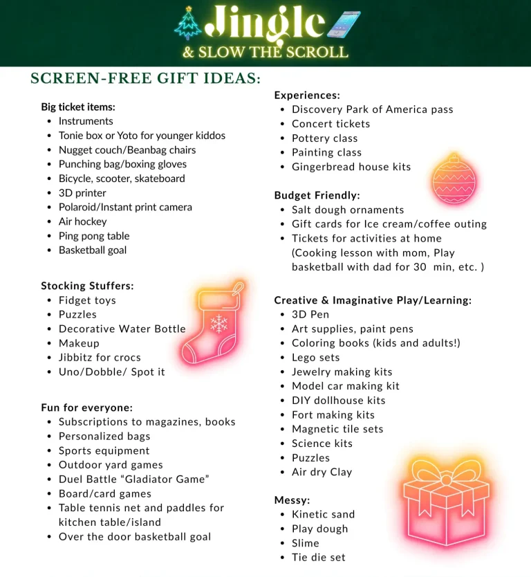 List of screen-free gift ideas categorized by types such as big ticket items, experiences, and more.
