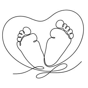 Line art of two feet within a heart shape.