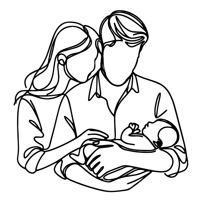 Line drawing of a couple holding a baby.