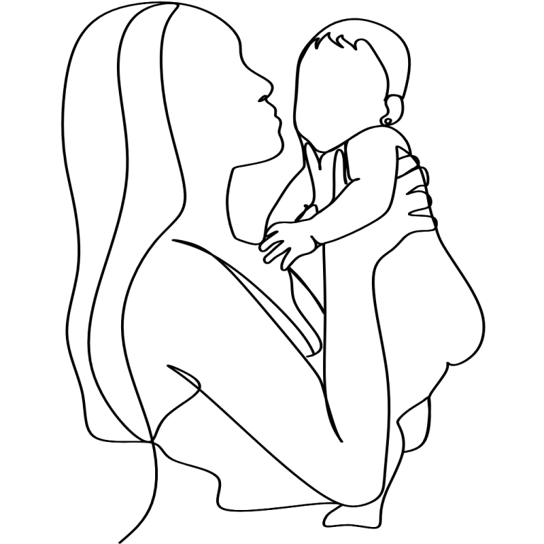 Line art of a woman holding a baby, facing each other.