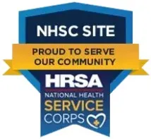 Badge for NHSC Site with "Proud to Serve Our Community" and HRSA National Health Service Corps logo.