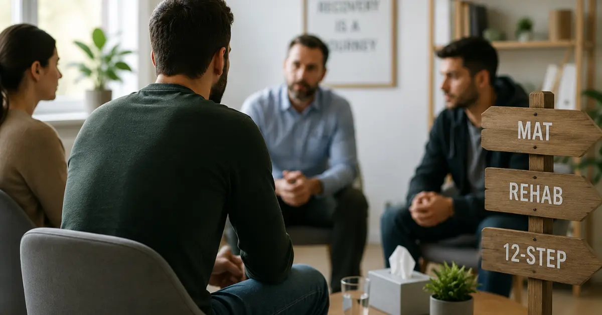 Group therapy session illustrating medication-assisted treatment (MAT), rehab, and 12-step recovery options for addiction treatment.