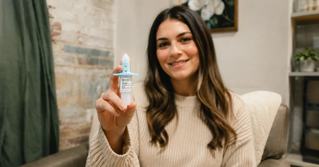 Patient holding a Spravato (esketamine) nasal spray device before treatment for treatment-resistant depression under medical supervision.