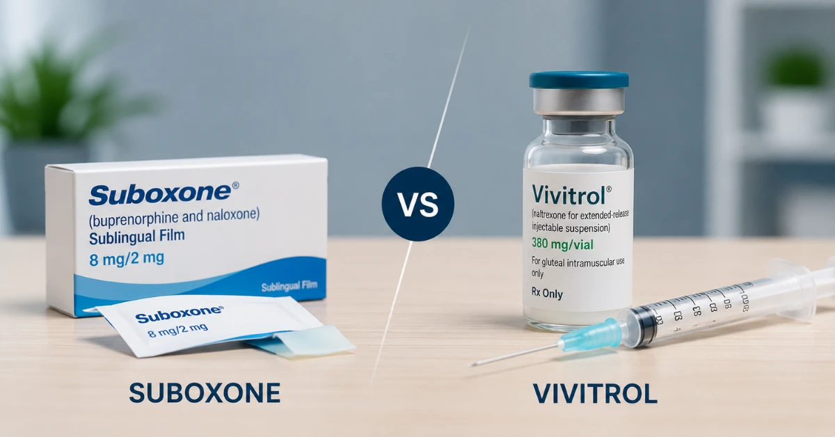 Comparison of Suboxone and Vivitrol medications used to treat opioid use disorder, showing Suboxone sublingual film alongside a Vivitrol injection vial and syringe.