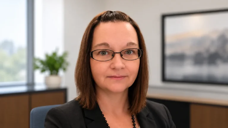 Karla Varvel wearing glasses and a black blazer