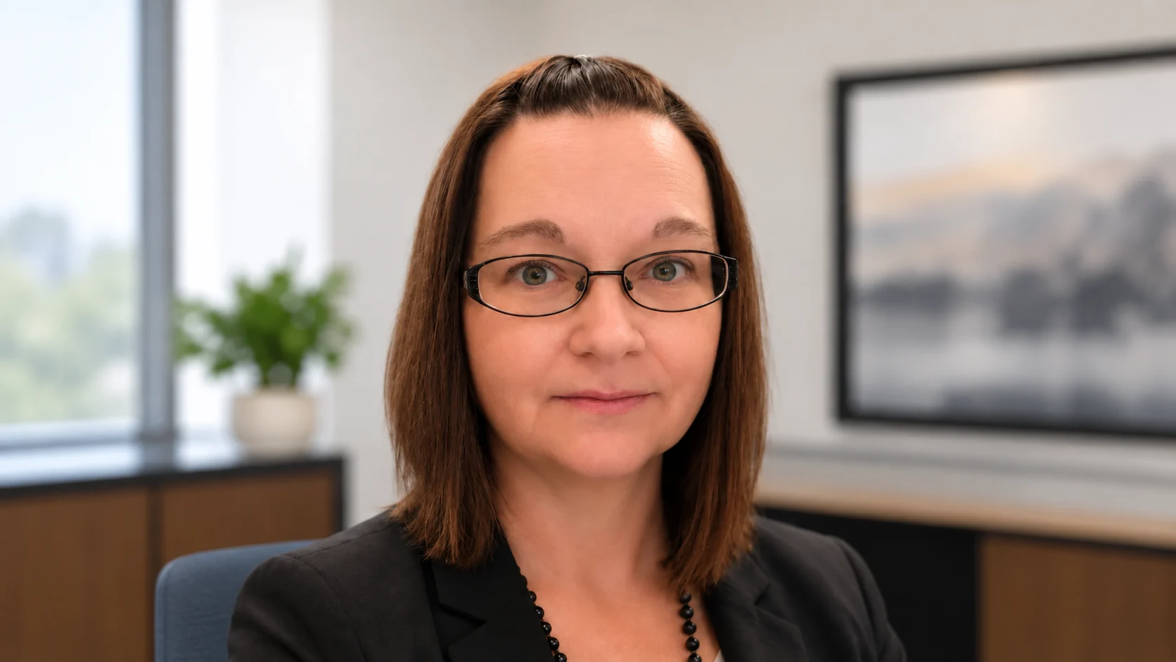 Karla Varvel wearing glasses and a black blazer
