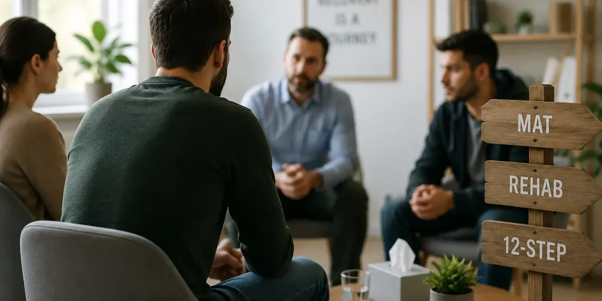 Group therapy session illustrating medication-assisted treatment (MAT), rehab, and 12-step recovery options for addiction treatment.