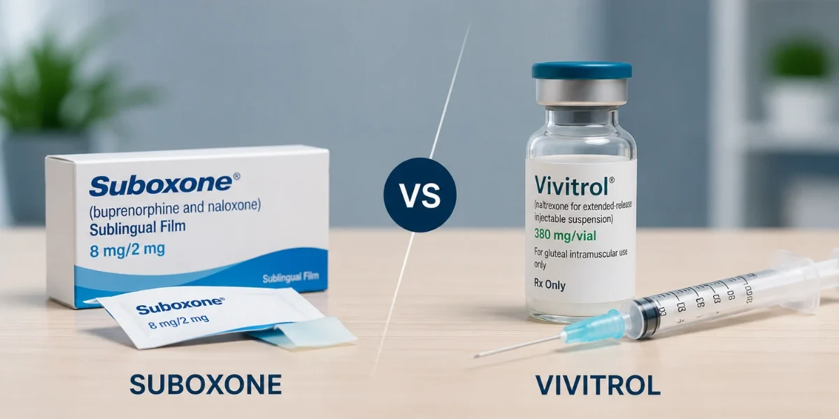 Comparison of Suboxone and Vivitrol medications used to treat opioid use disorder, showing Suboxone sublingual film alongside a Vivitrol injection vial and syringe.